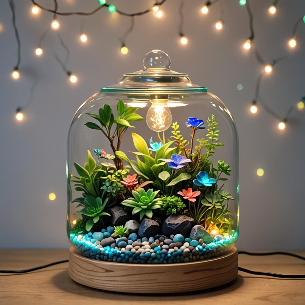 Glowing Terrarium Lamp with Miniature Plants, Photorealistic