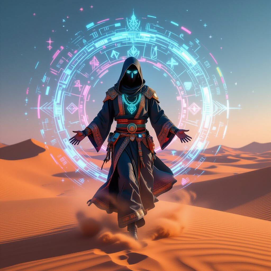 Futuristic Djinn Emerges from Desert Vortex in Cyberpunk Sty...