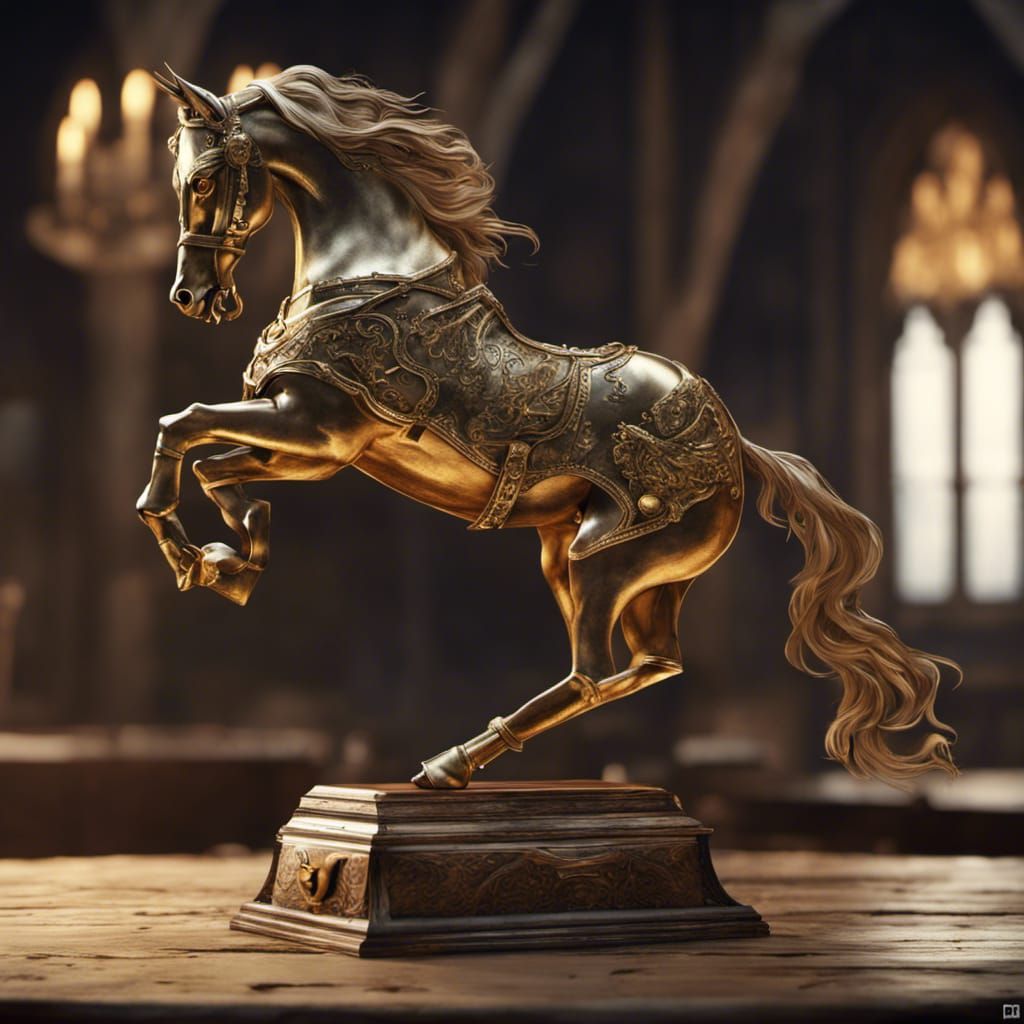 Golden Medieval Horse Trophy on Wooden Table