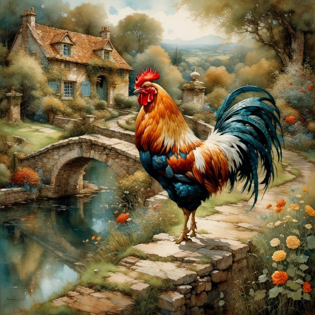 Rooster Portrait in Garden with Stone Bridge