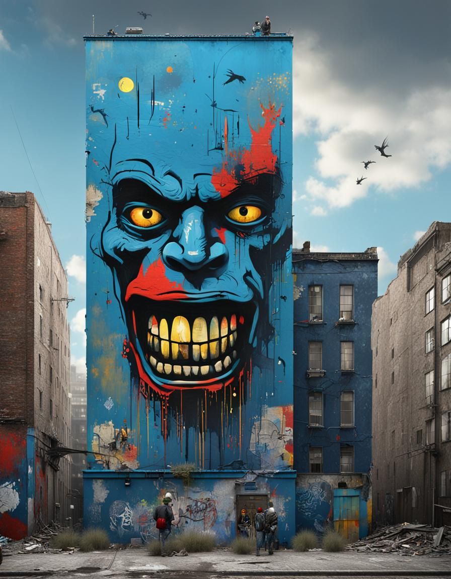 Abstract Graffiti Mural of Devil Hunt, Basquiat/Banksy Style