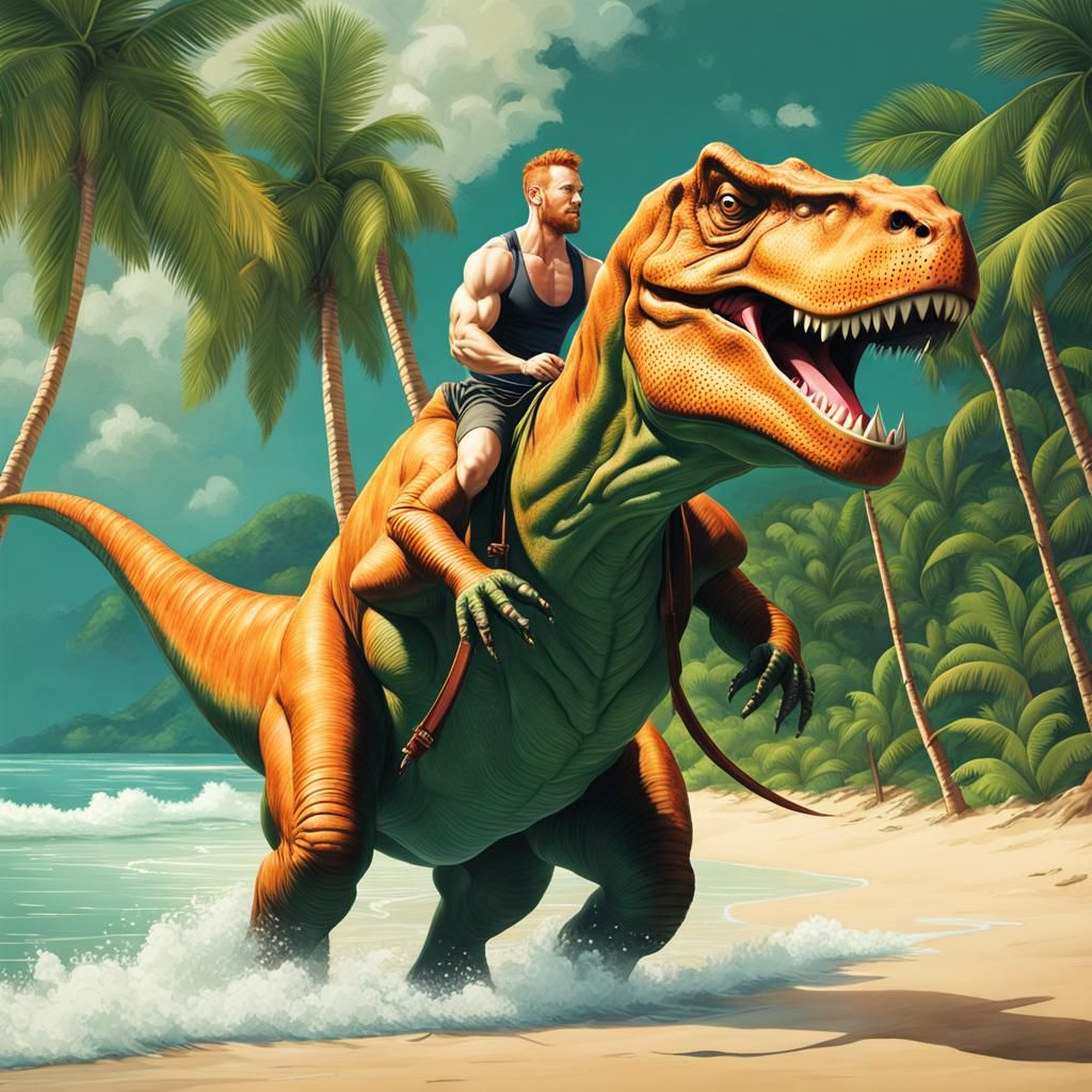 Ginger Man Rides T-Rex on Tropical Beach