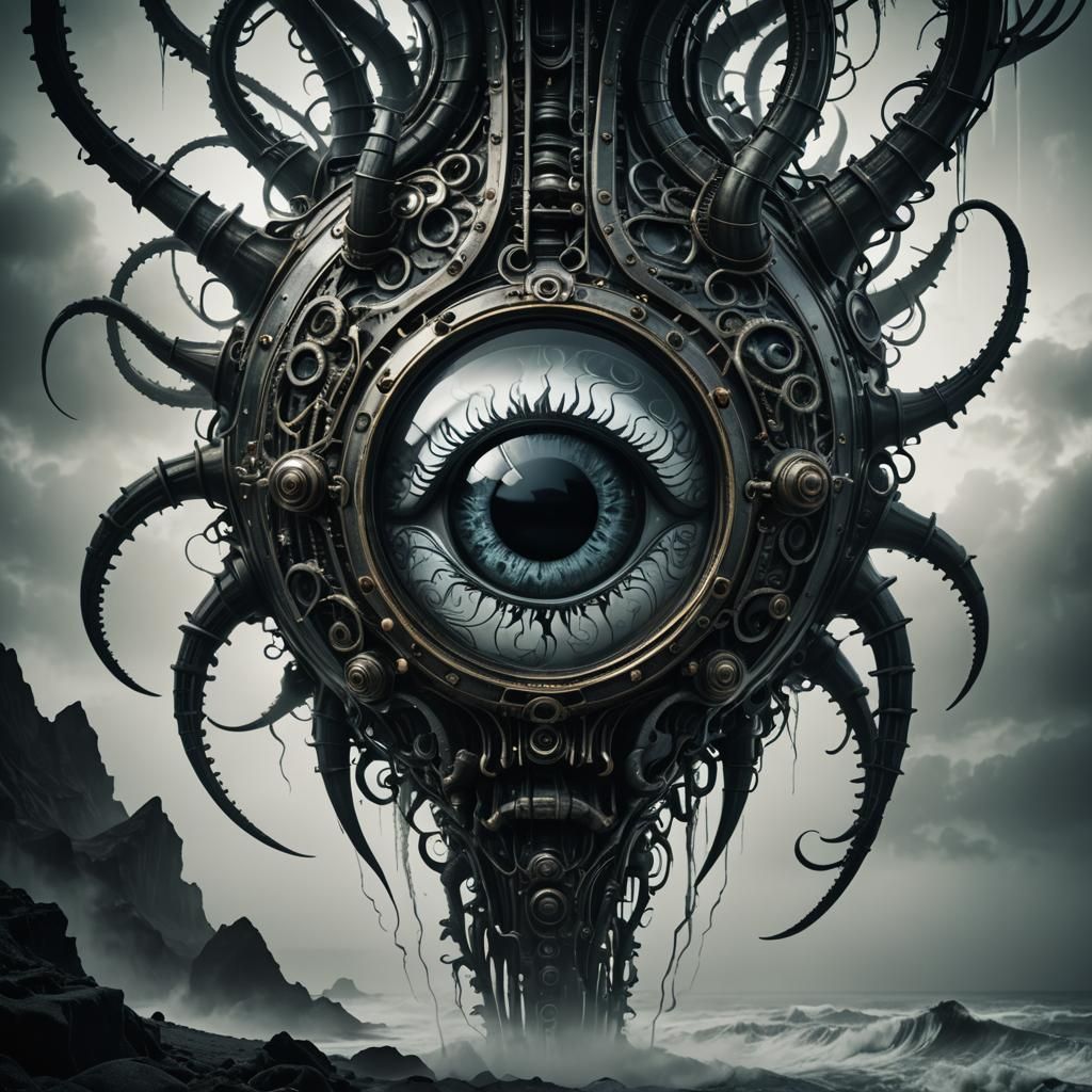 Biomechanical Surrealism: Ominous Beast in Glass