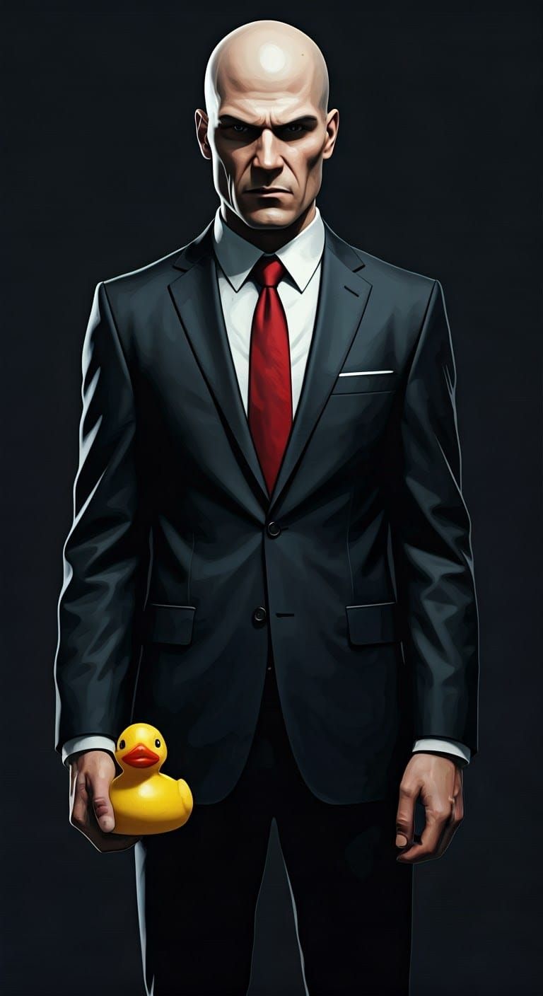 Hitman Agent 47 Holding Rubber Duck in Suit