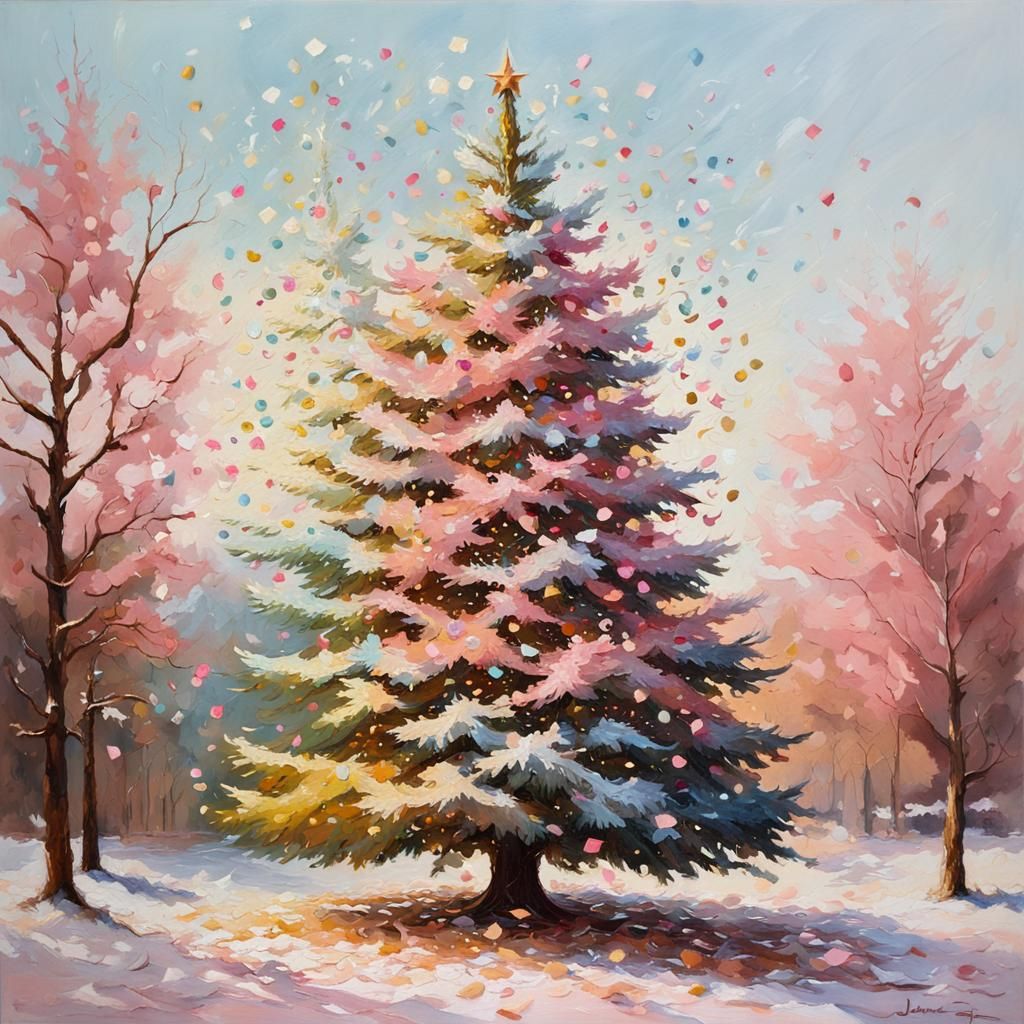 Vintage Christmas Tree with Pastel Confetti, Oil Painting