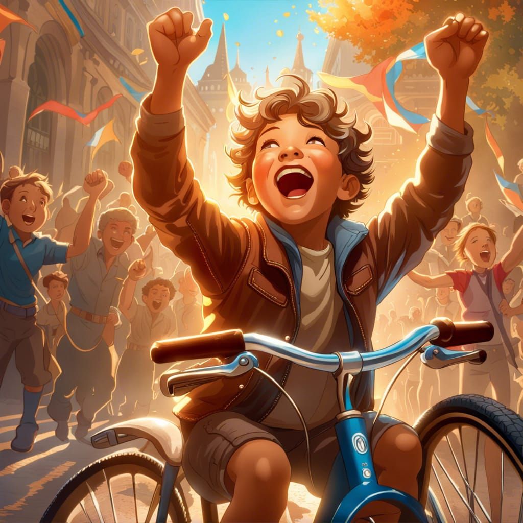 Joyful Boy Wins Race in Hyperdetailed Art Style
