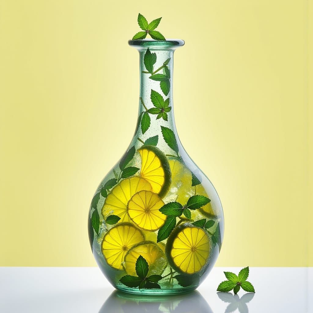 Lemon and Mint Bottle in Dark Oil Paint Style