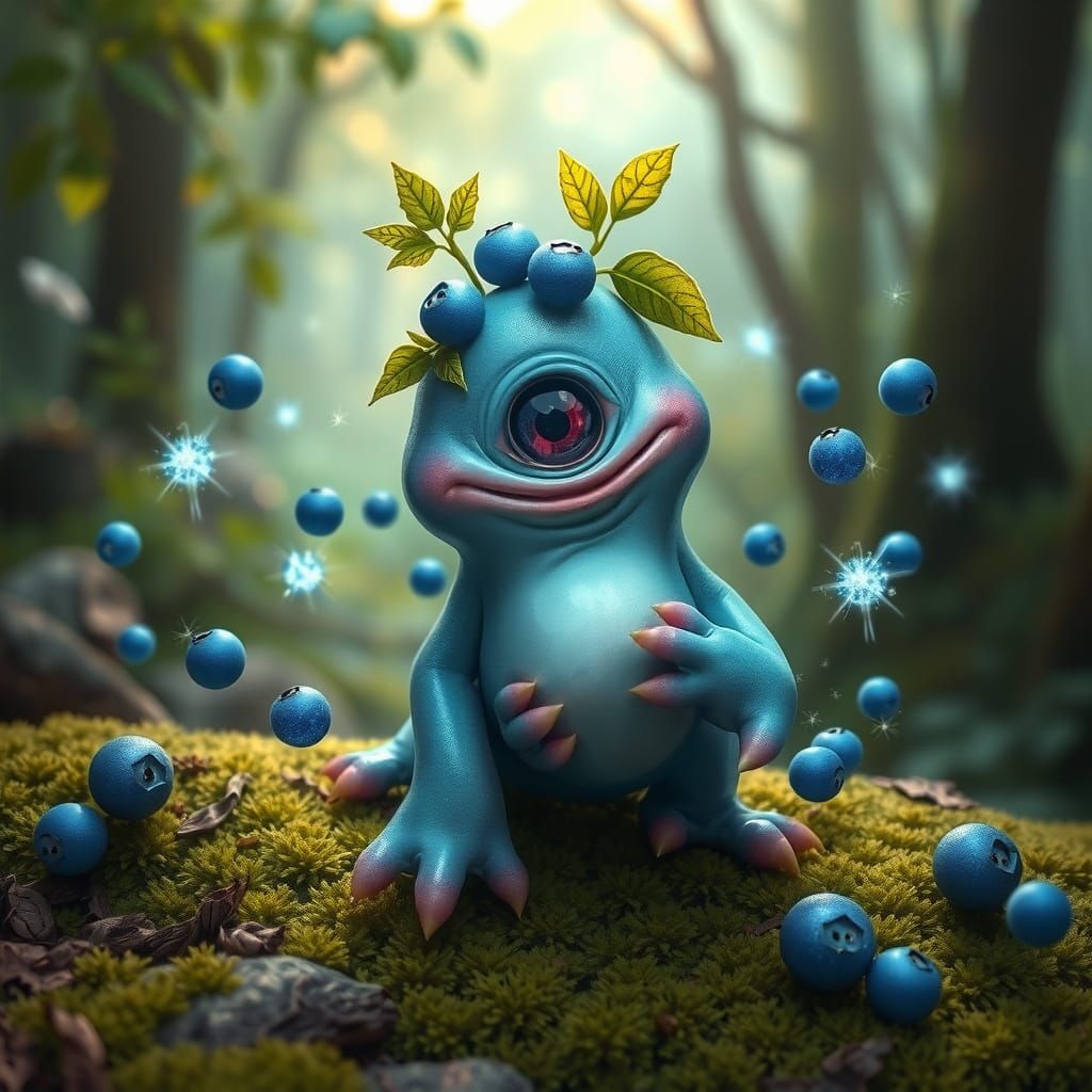 Whimsical Blue Monster in Fantastical Forest Setting