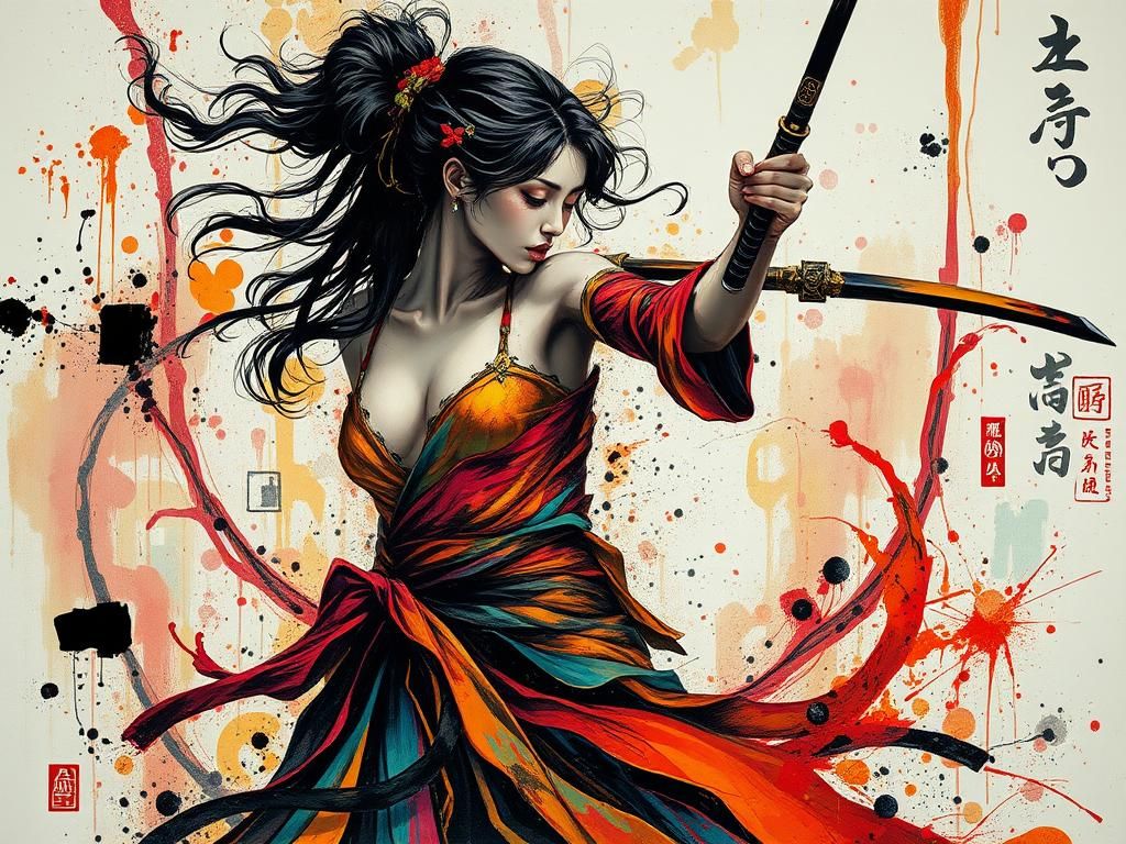 Dynamic Samurai Woman in Mixed Media Style