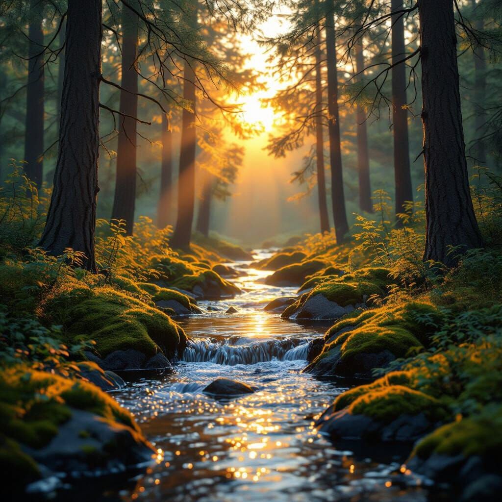 Golden Sunset Over Forest Stream in 4K