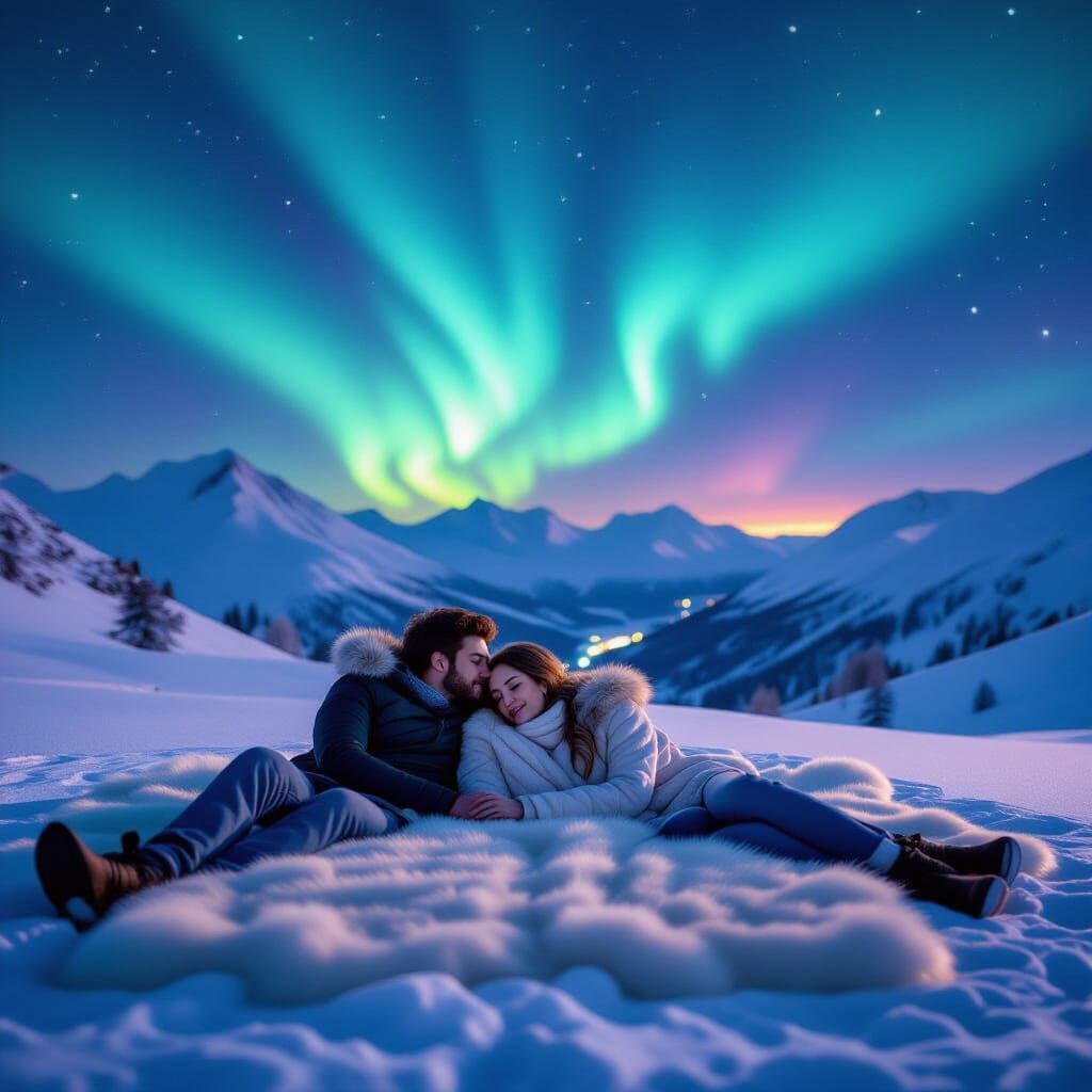 Couple Under Aurora Borealis in Norway