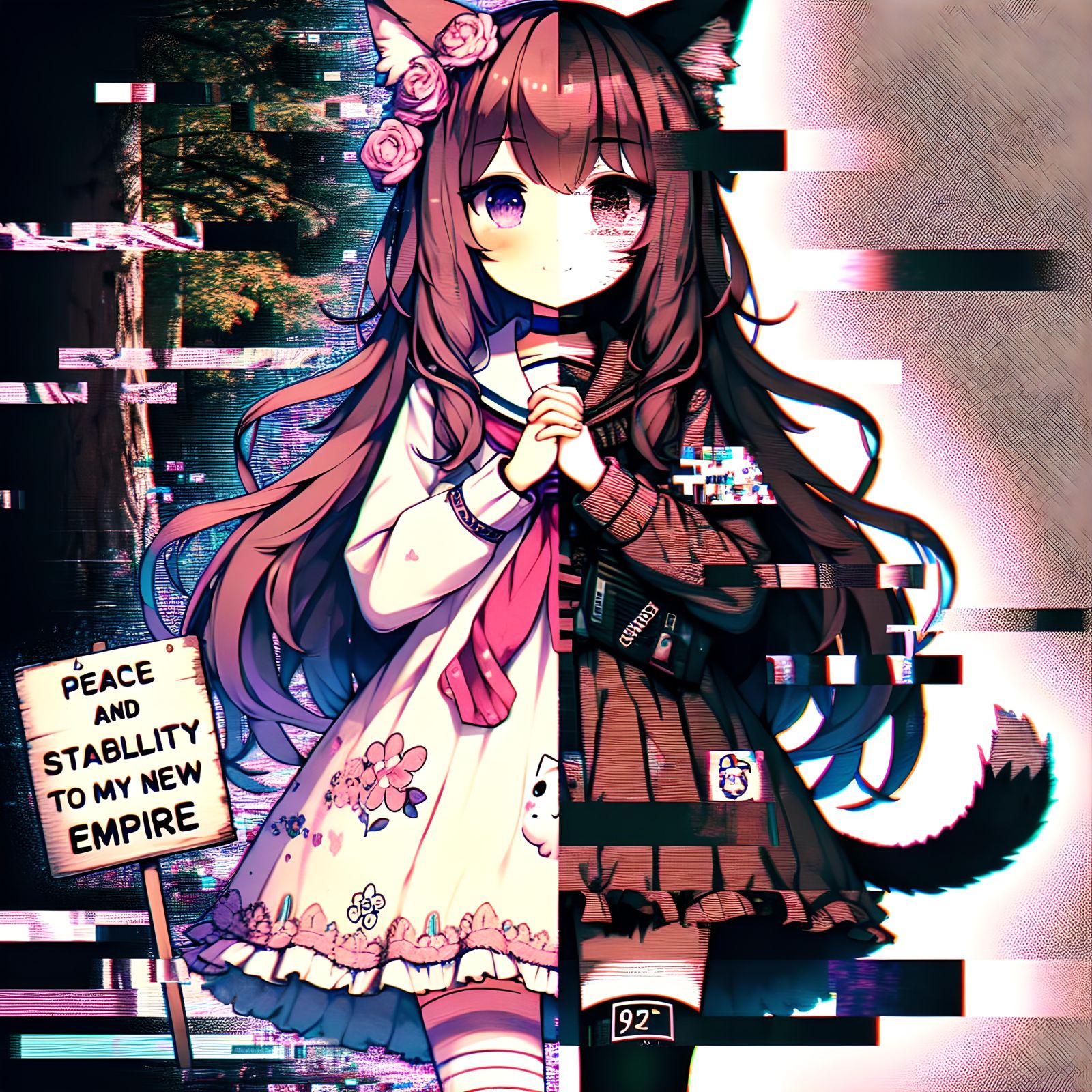 Anime Girl Declares Peace in Glitchcore Style