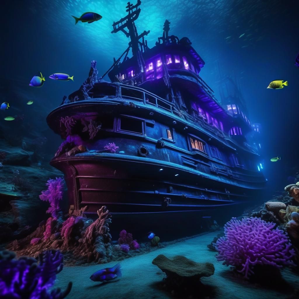 Bioluminescent Shipwreck at Ocean's Floor in Retro-Futuristi...