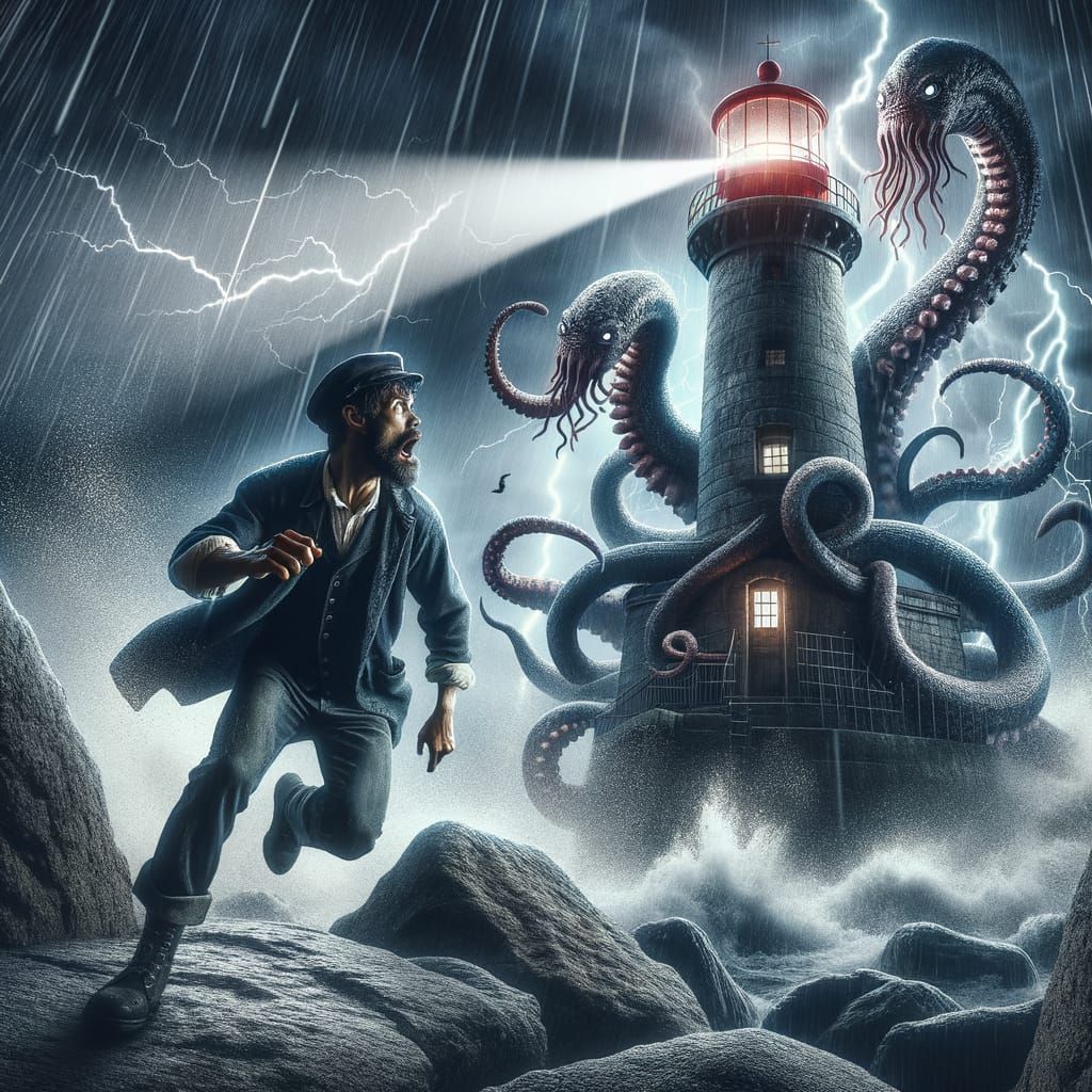 Kraken Attack: Lighthouse Keeper's Escape in Digital Art
