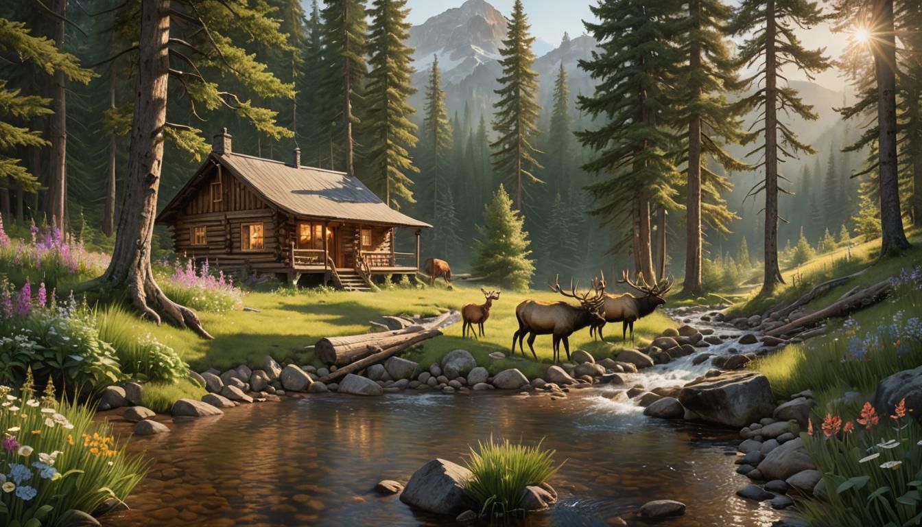 Hyperrealistic Elk in Mountain Stream Landscape