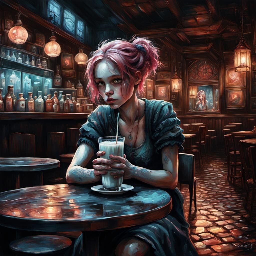 Littel Girl and a Milk Drink alone in the night Cafe