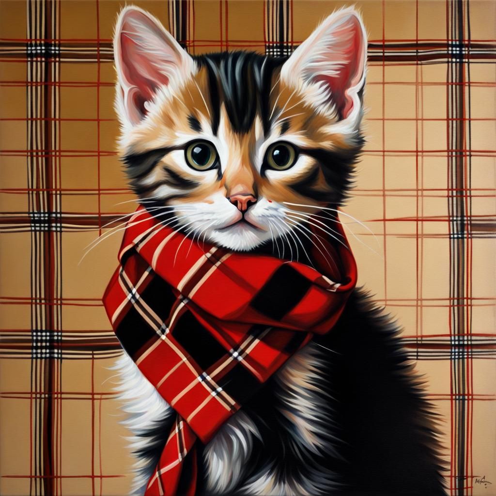 Kitten in Burberry Scarf: Photorealistic Mannerism Oil Paint...