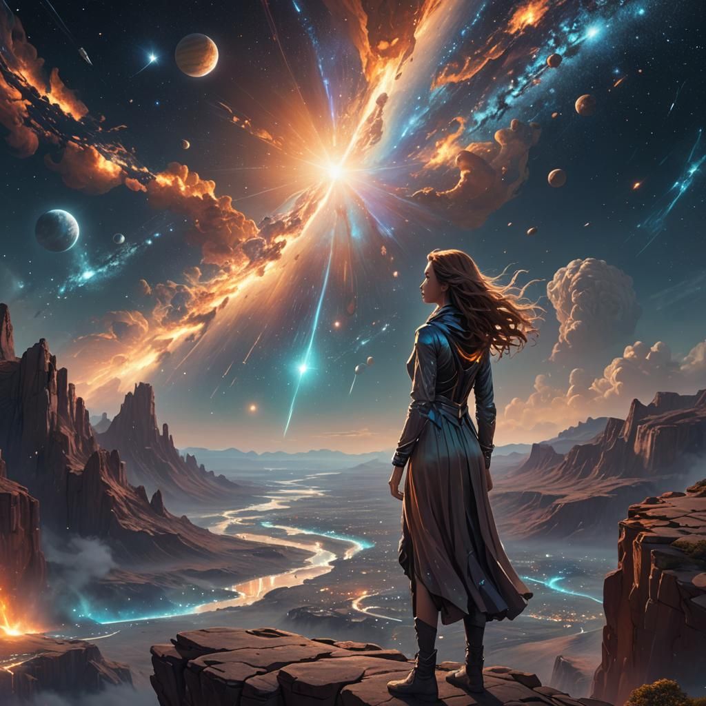 Girl Gazing at Cosmic Cities: Anime 3D Art