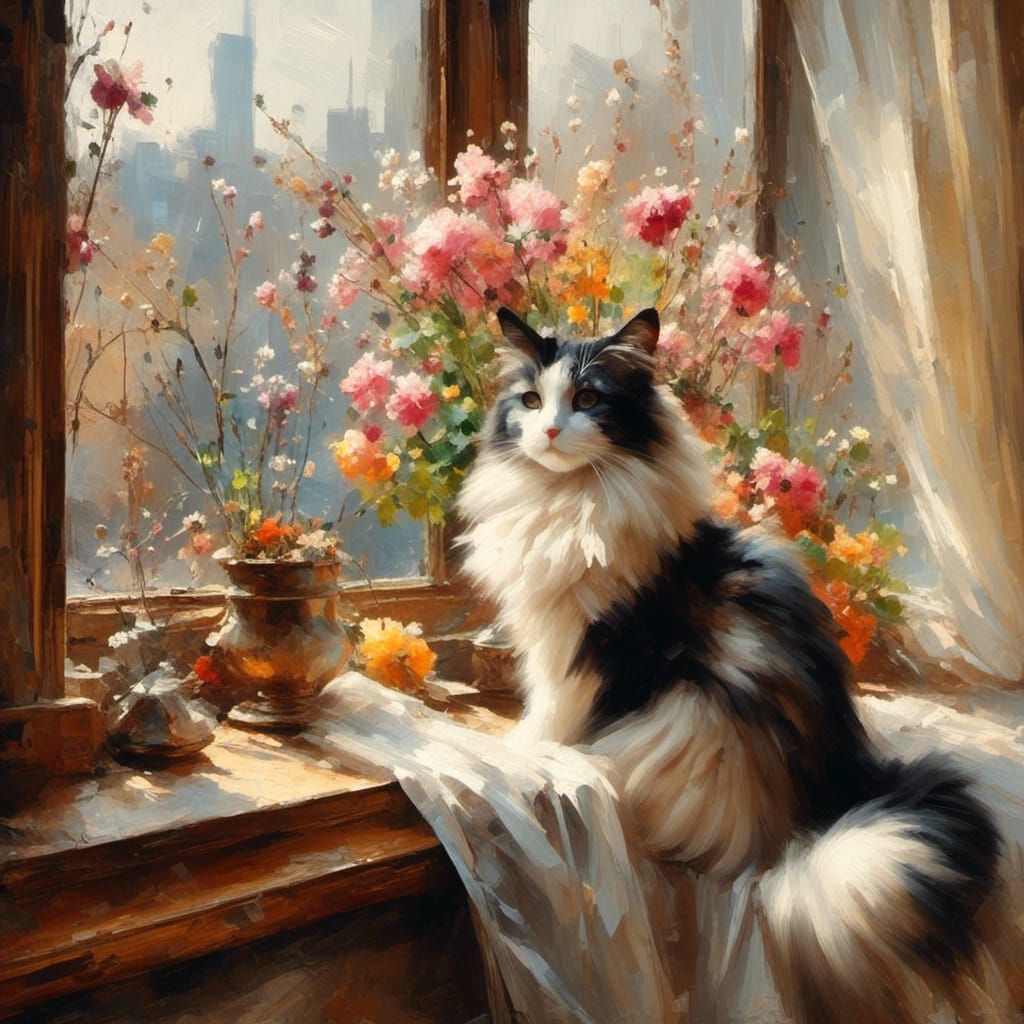 Cat on Window Sill Oil Painting