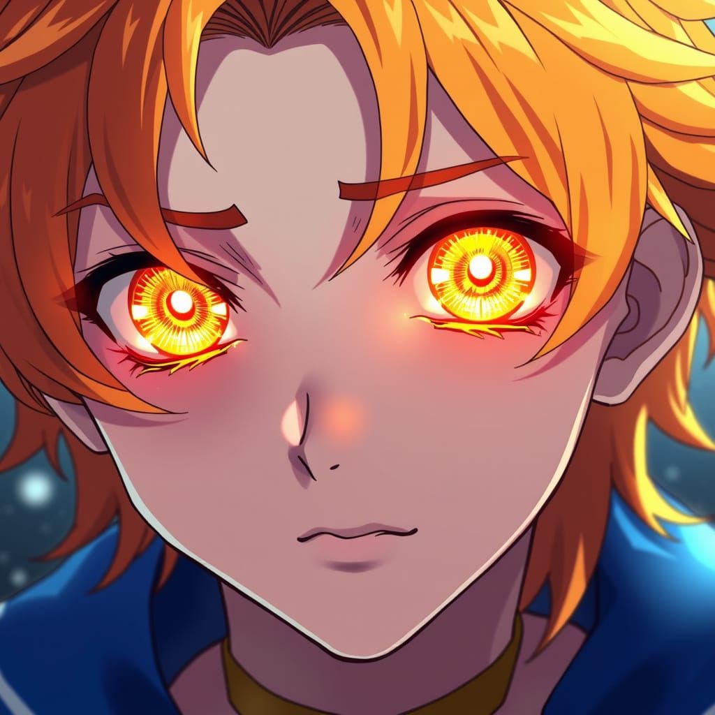 Anime Boy with Glowing Golden Eyes in Sailor Galaxia Style