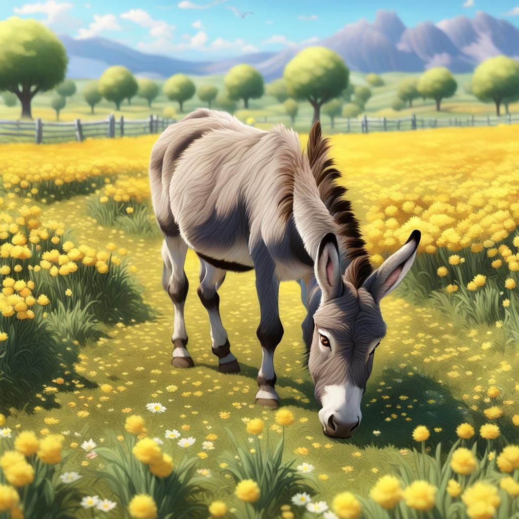 Joyful Donkey in Spring Meadow: 3D Anime Art