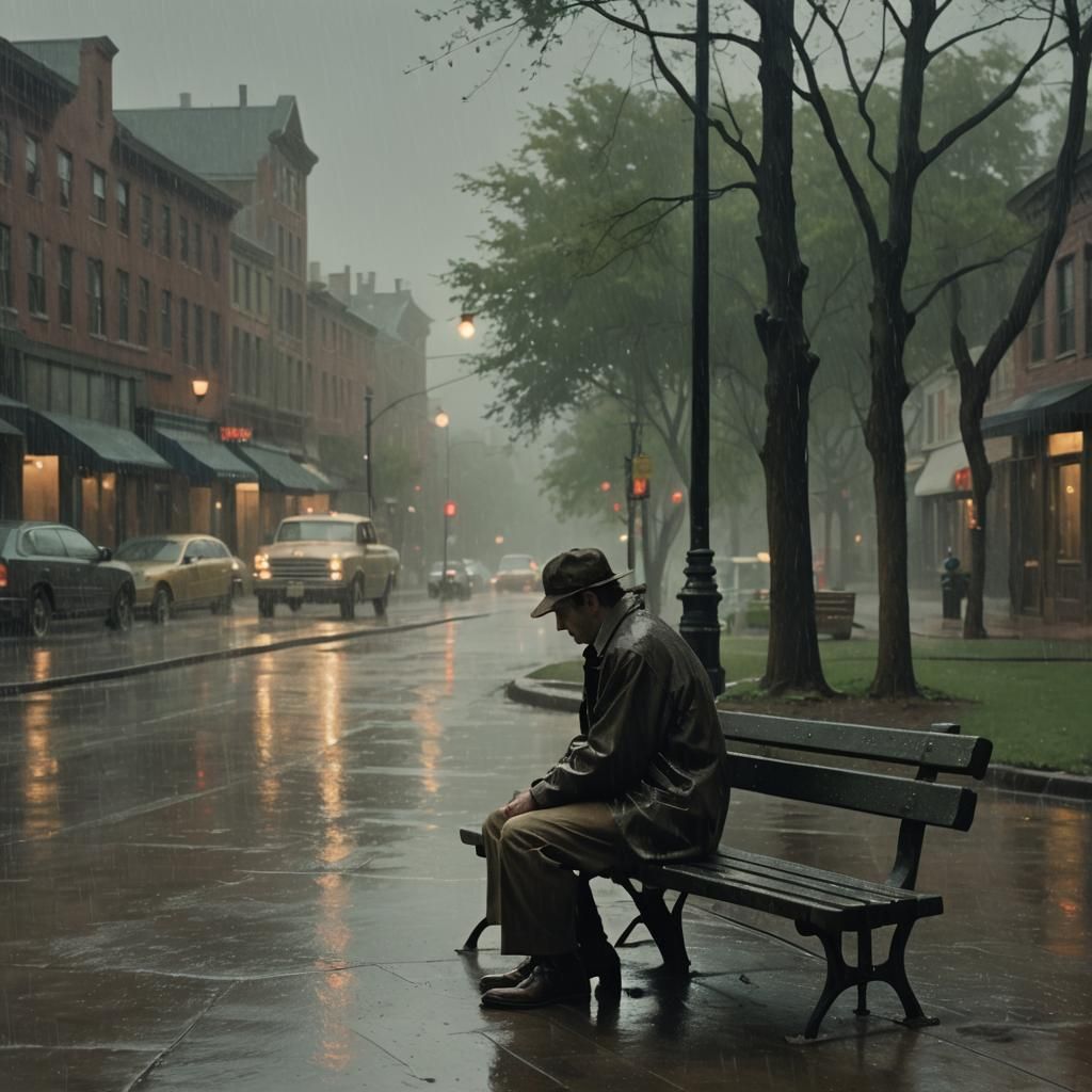 Heartbroken man sitting alone in the rain while the world pa...