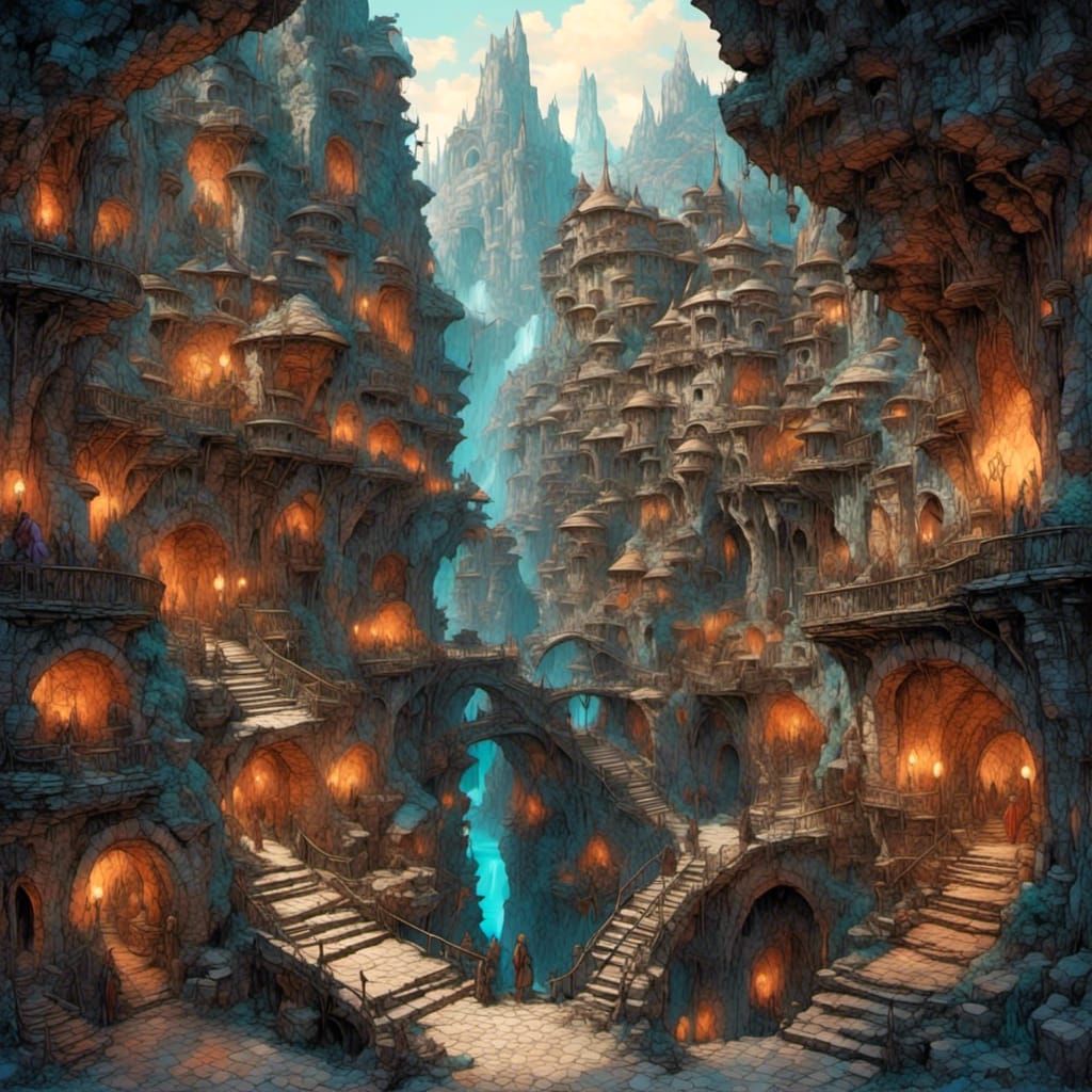 Drow City in Underground Cavern with Many Lights