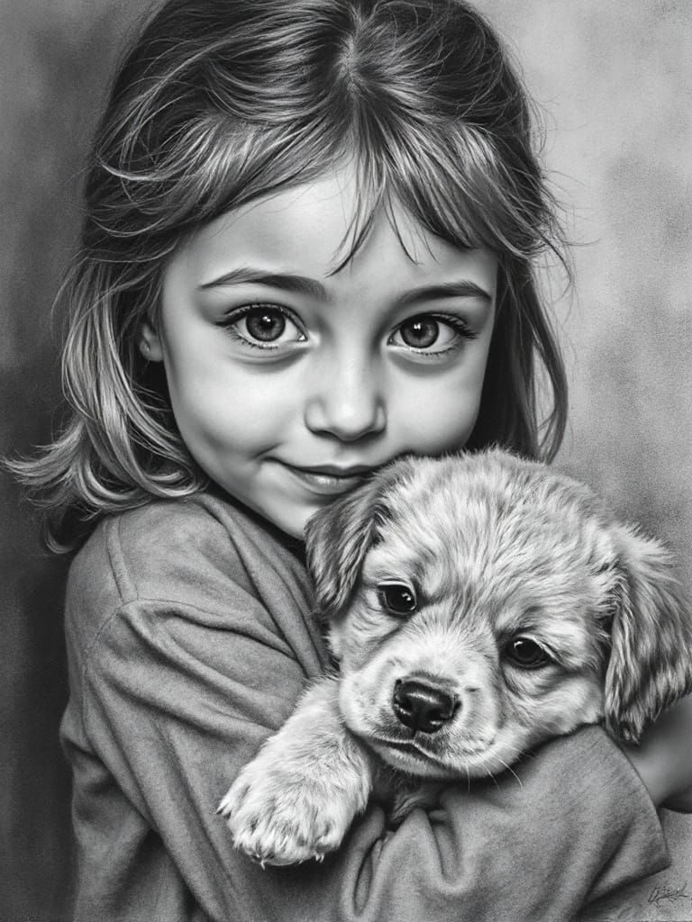 Girl Embraces Fluffy Puppy in Charcoal Drawing Style