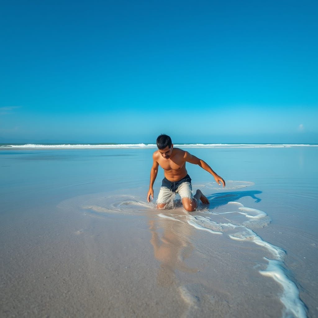 Man Struggling in Quicksand at Beach