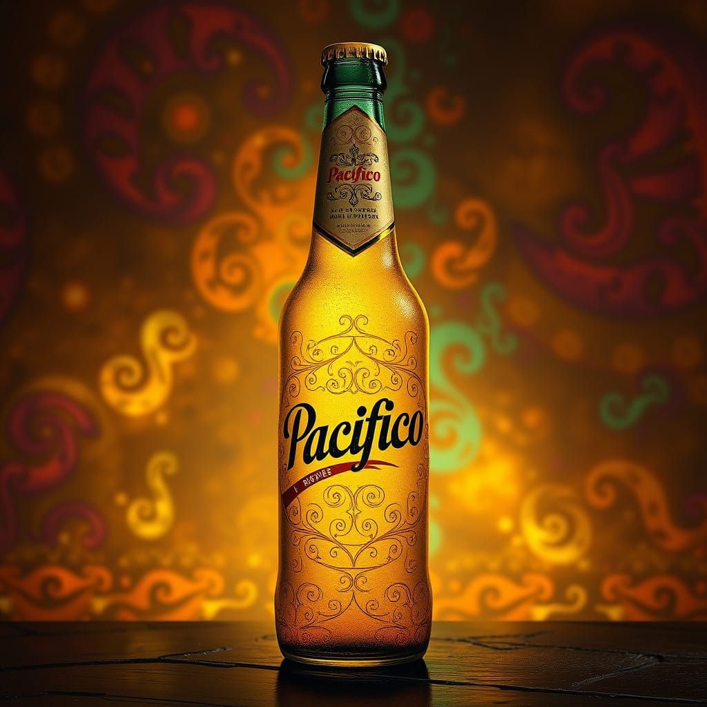 Vibrant Pacifico Beer Glass Bottle with Swirling Patterns