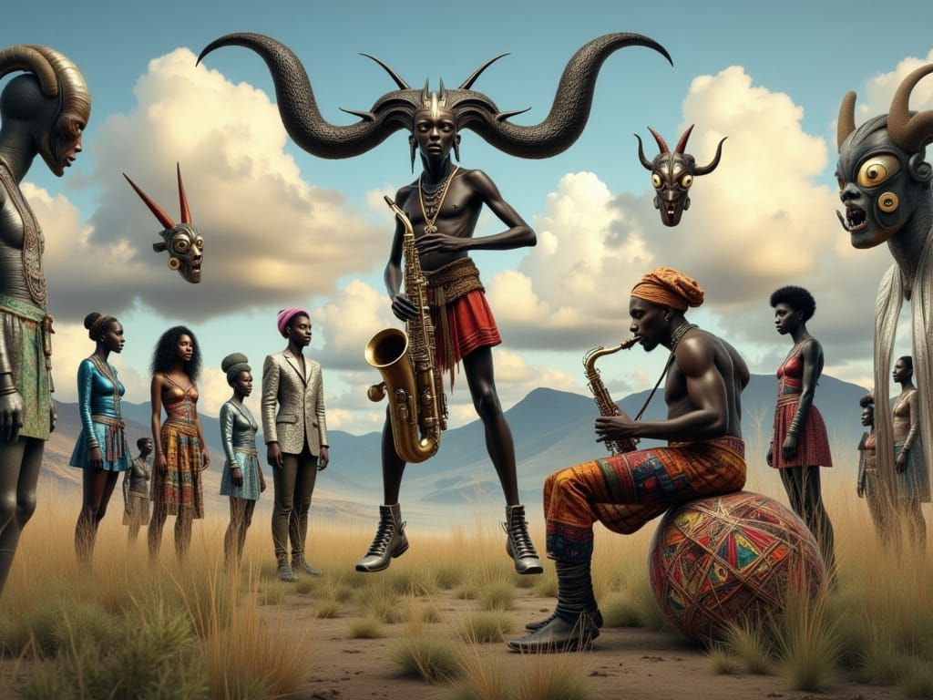 Cthulhu Saxophonist and African Drummer in Surreal Twilight ...