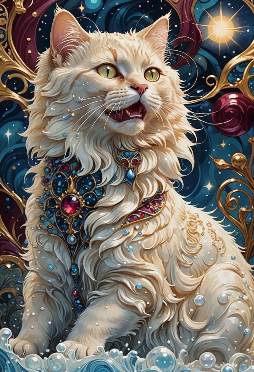 Water Cat Yawning in Bioluminescent Dreamscape