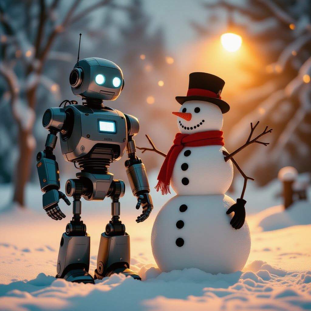 Robot and Snowman Friendship Cinematic Scene