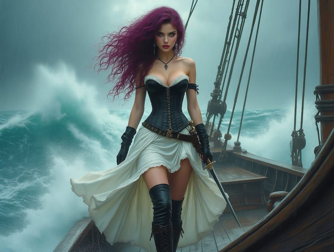 Stunning Steam-Punk Beauty Amidst Turbulent Seas