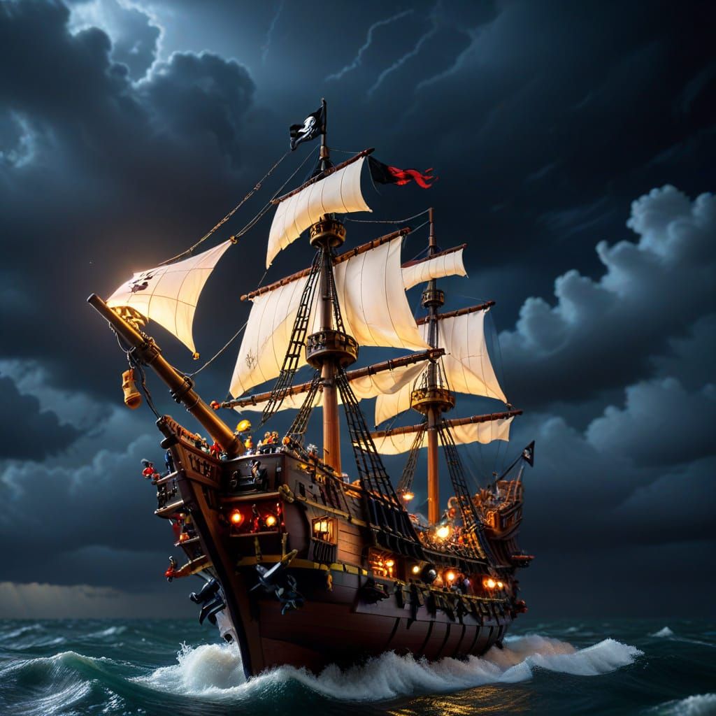 LEGO Pirate Ship at Night with Stormy Sky