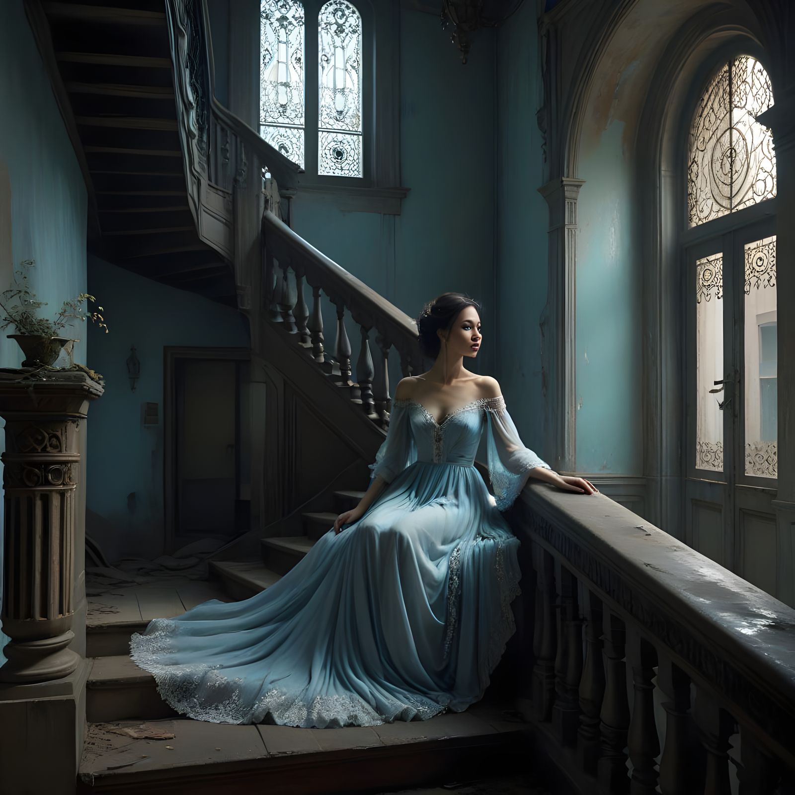 Desolate Abandoned Building with Woman Standing on Stairs