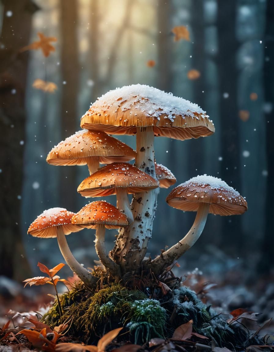 Ethereal Mushroom in Winter Snow, Watercolor Painting