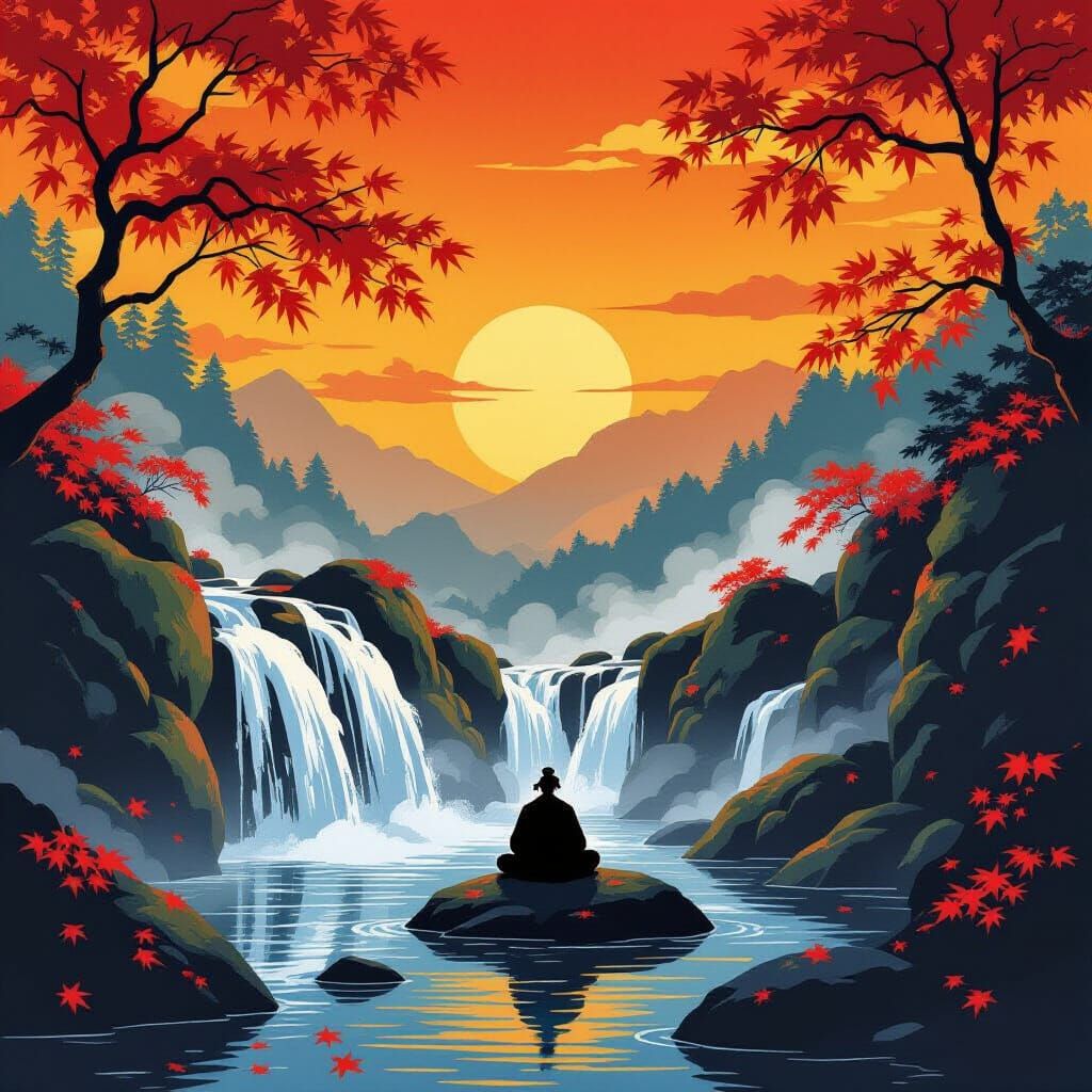 Samurai Meditating by Autumn Waterfall in Ukiyo-e Style