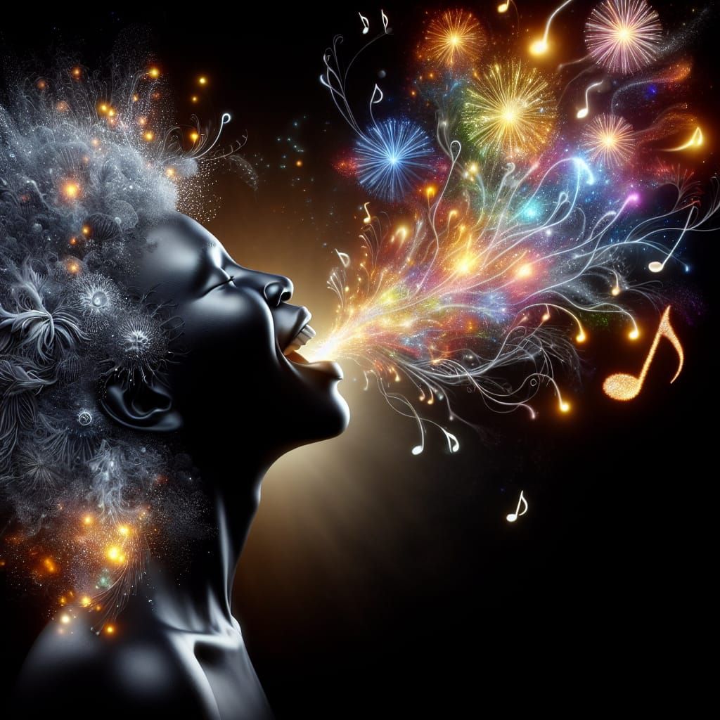 Joyful African Woman Singing with Fireworks