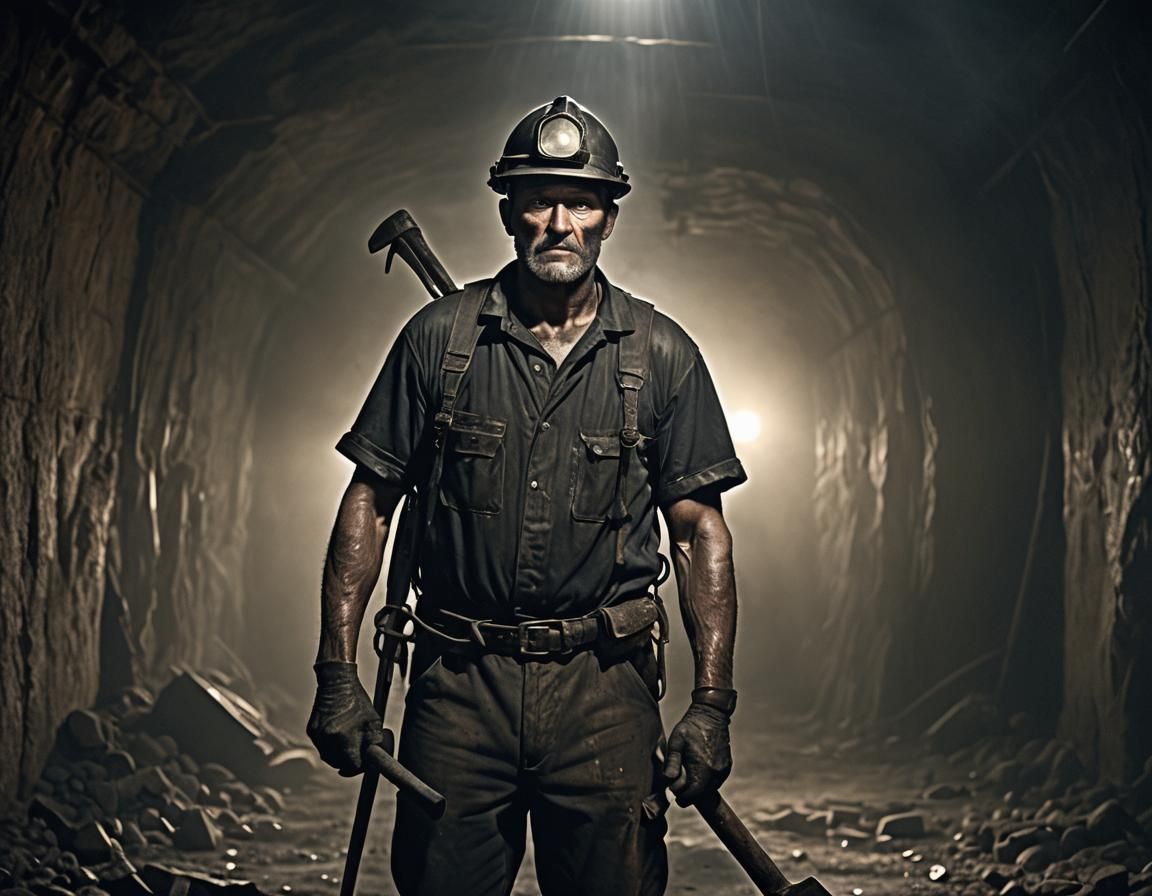 Coal Miner Defies Darkness in Industrial Noir Scene