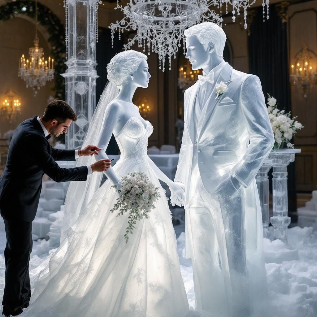 Hyperrealistic Synthetic Ice Sculptures of Bride and Groom