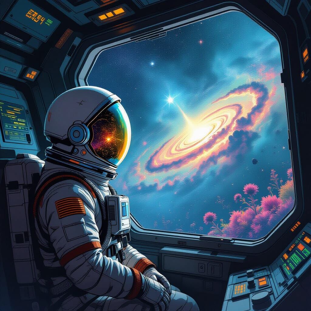 Astronaut Gazes at Alien Nebula in Vintage Sci-Fi Style