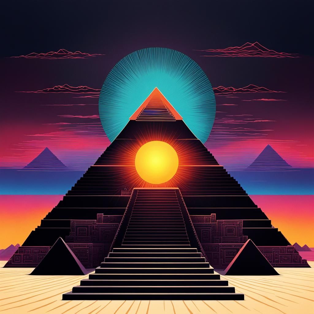 Dark Pyramid Sunset in Vaporwave Style