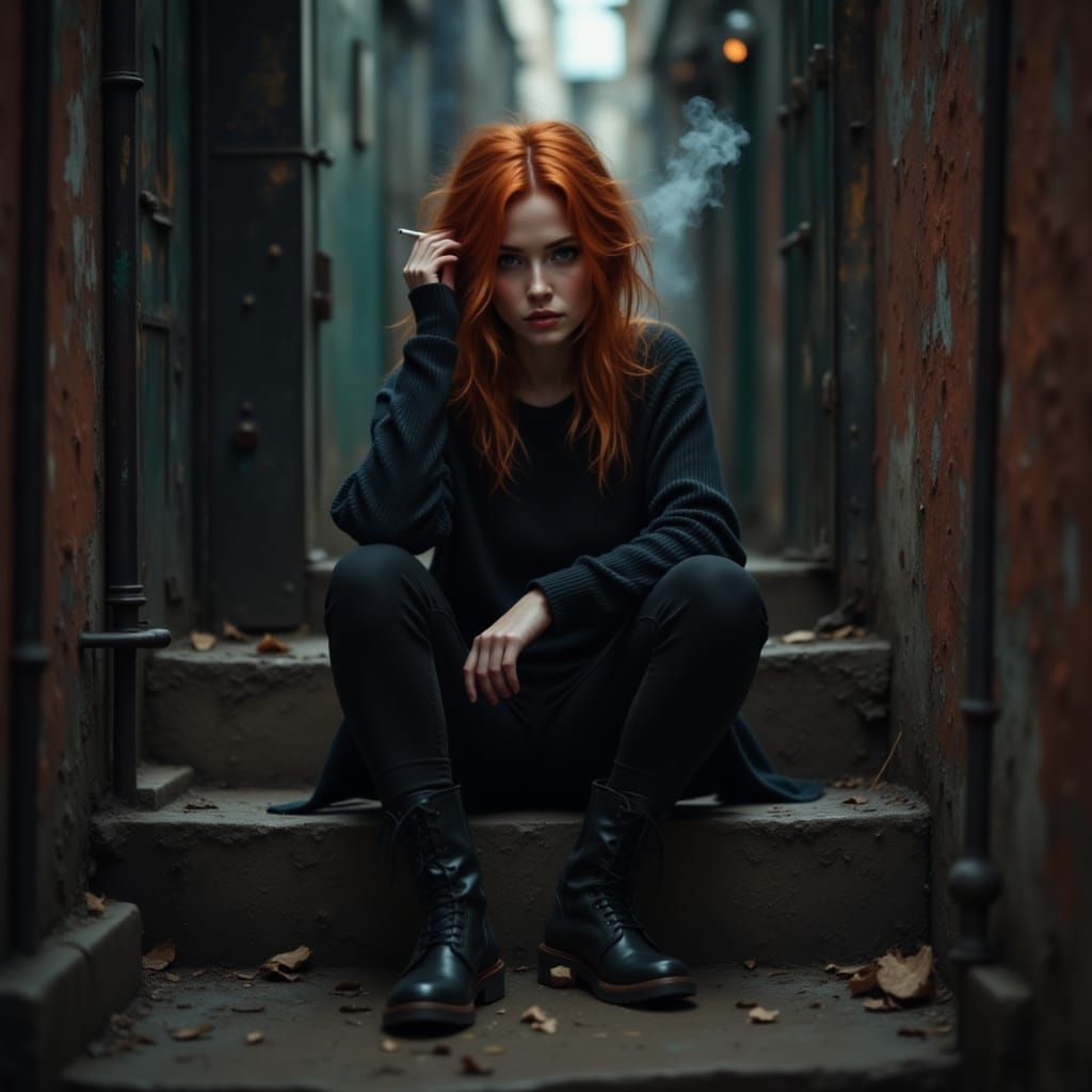 Woman Smoking in Alley: Gritty Cinematic Portrait