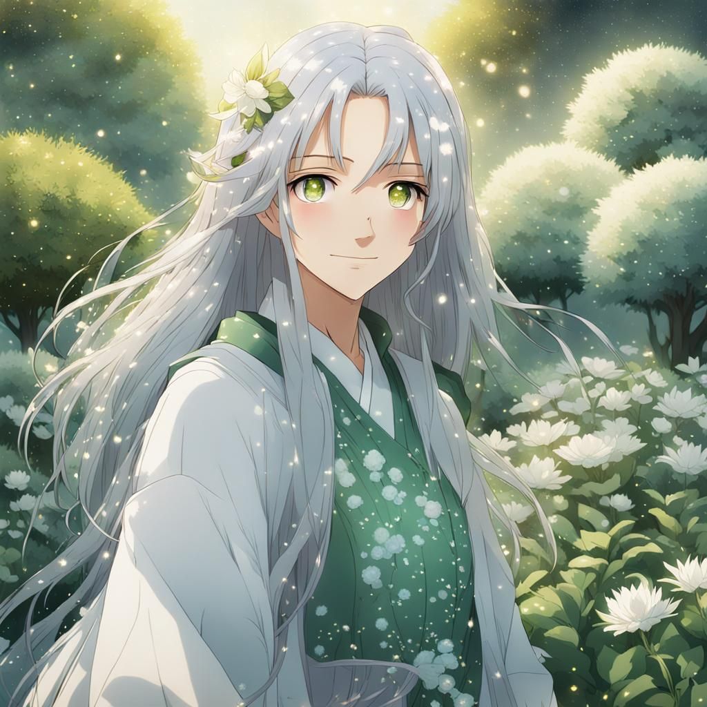 Anime Woman in Shimmering Flower Garden