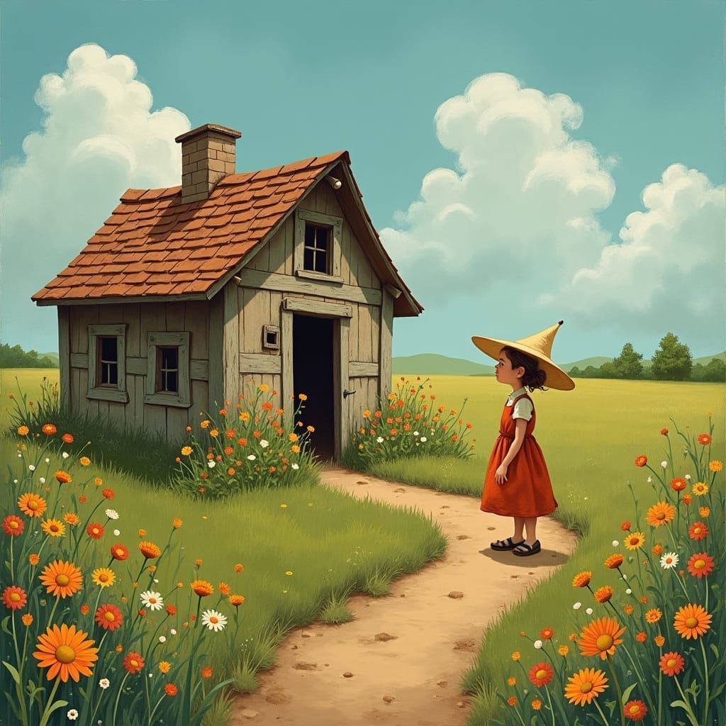 Whimsical Mother and Cozy Shack in Folk Art Style