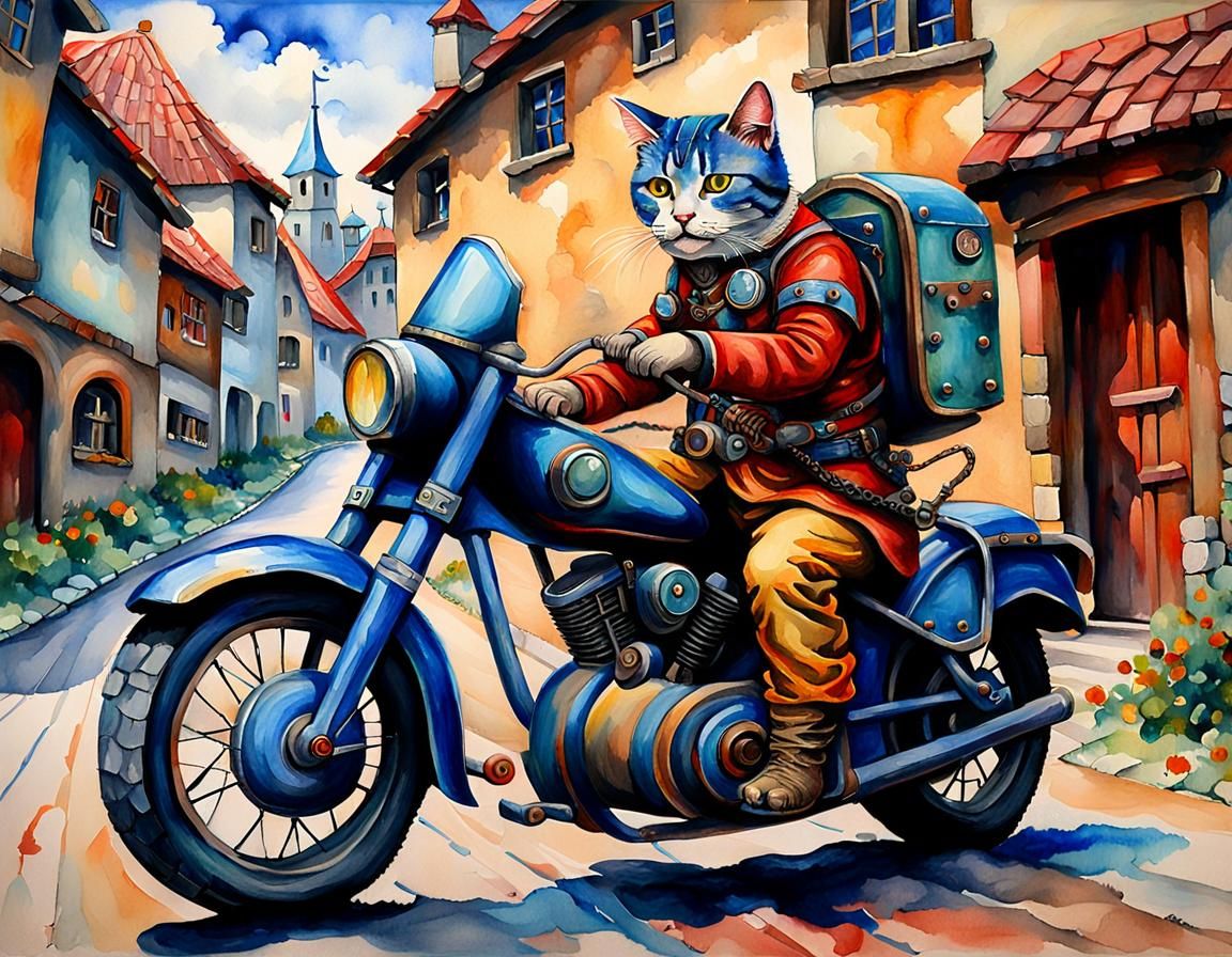 Biker Cat Rides Steampunk Vehicle in Watercolor Style