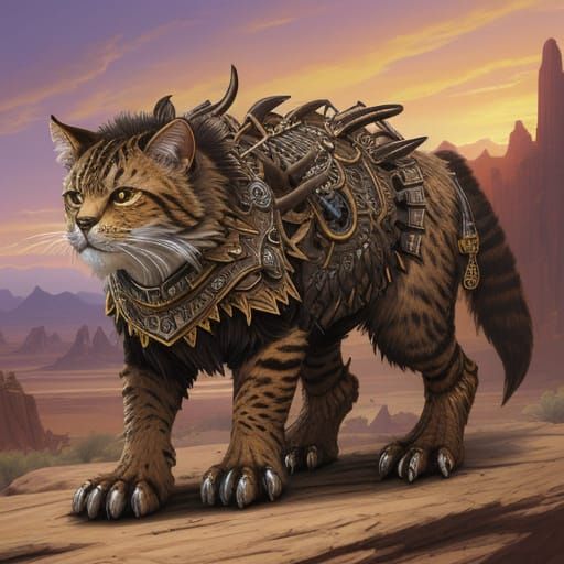 Fantasy Feline Warrior Stands in Desert Sunset