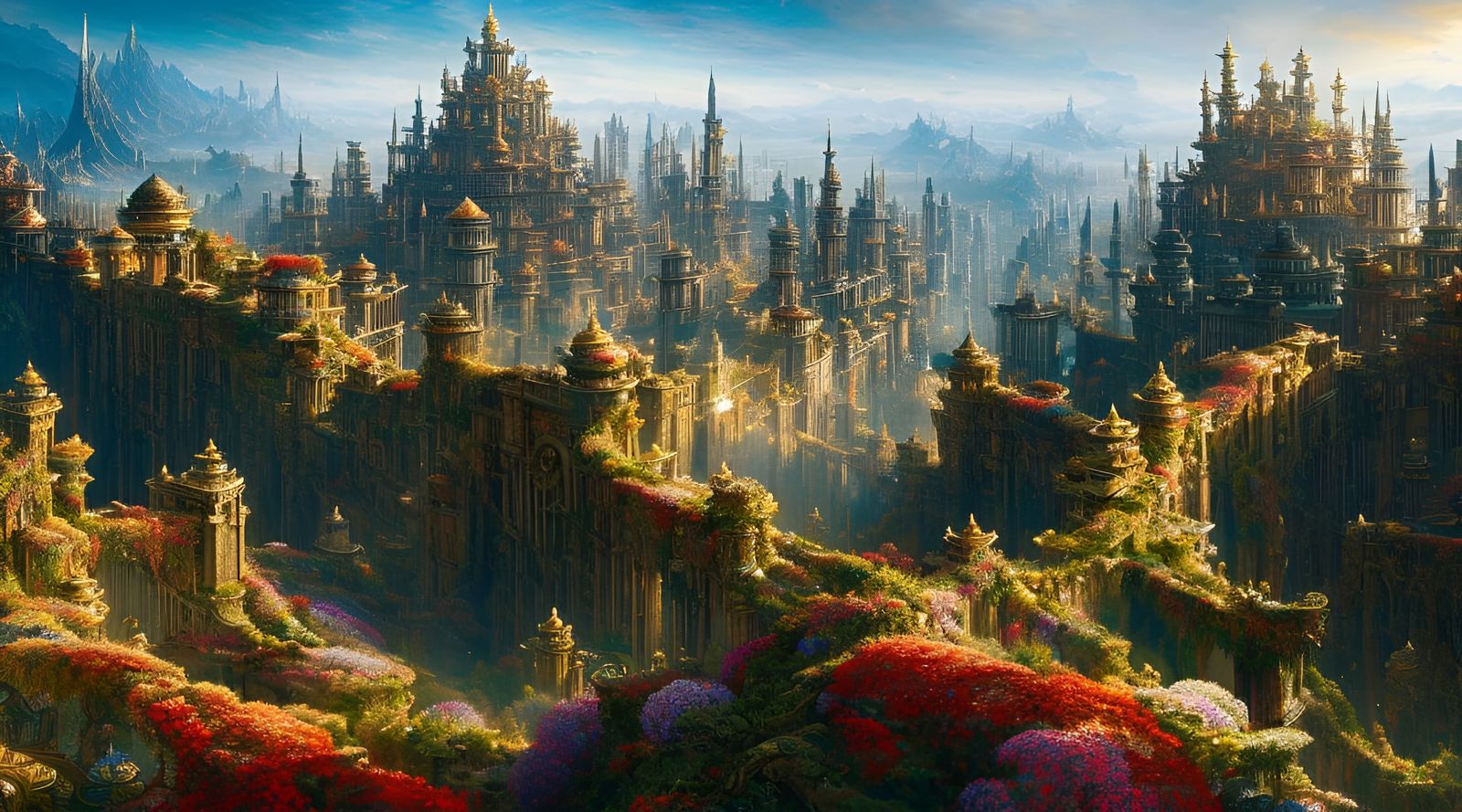 Epic Terraced Flower Citadel in High Fantasy Style