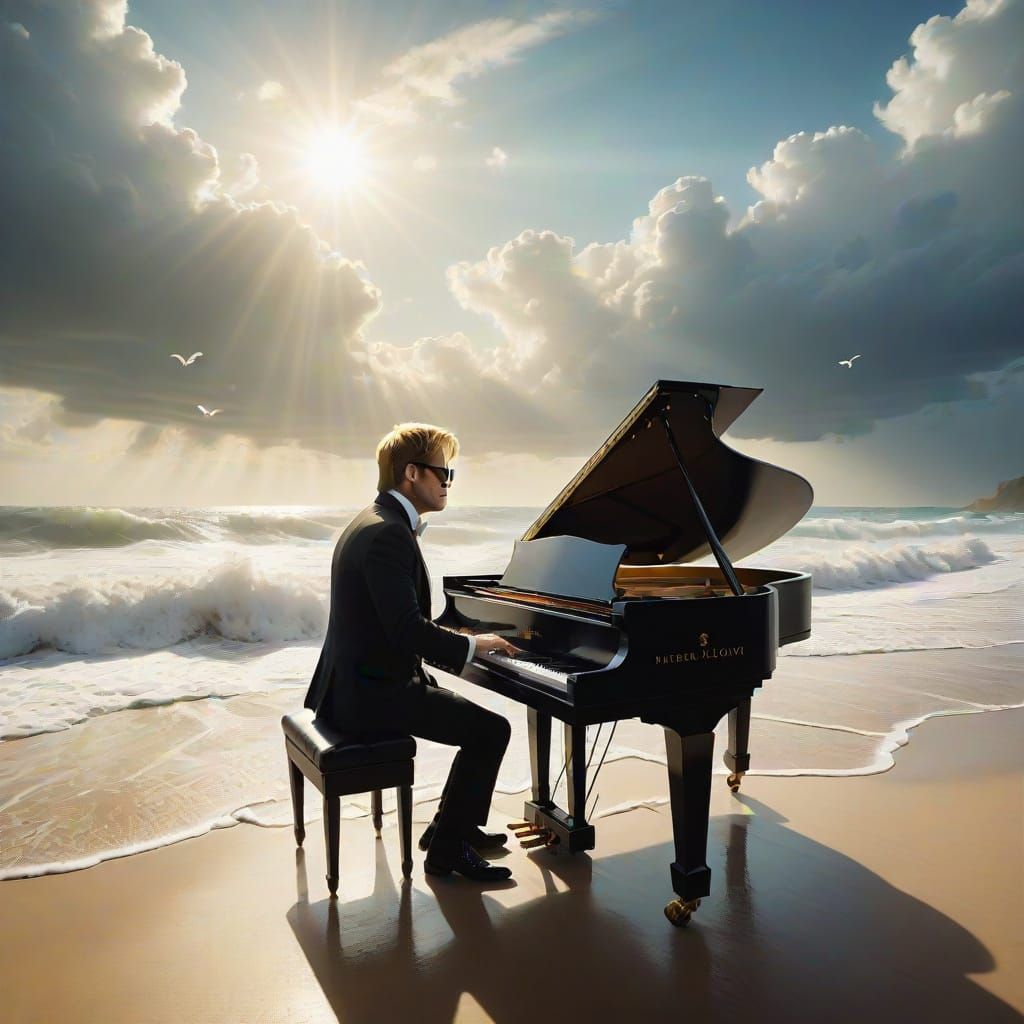 Elton John Plays Piano on Beach Amidst Giant Waves